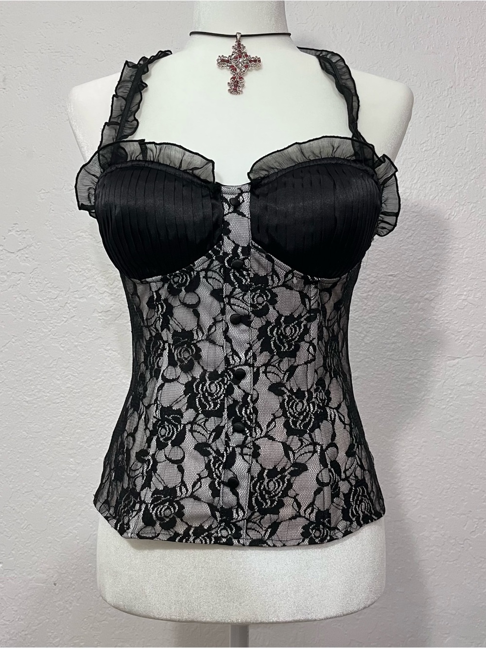 Charlotte Russe Black Lace Ruffled Bustier Tank